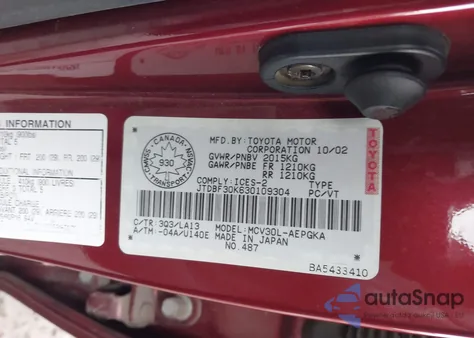 2003 Toyota Camry Le V6/Se V6/Xle V6 z USA, uszkodzony, nr VIN JTDBF30K630109304